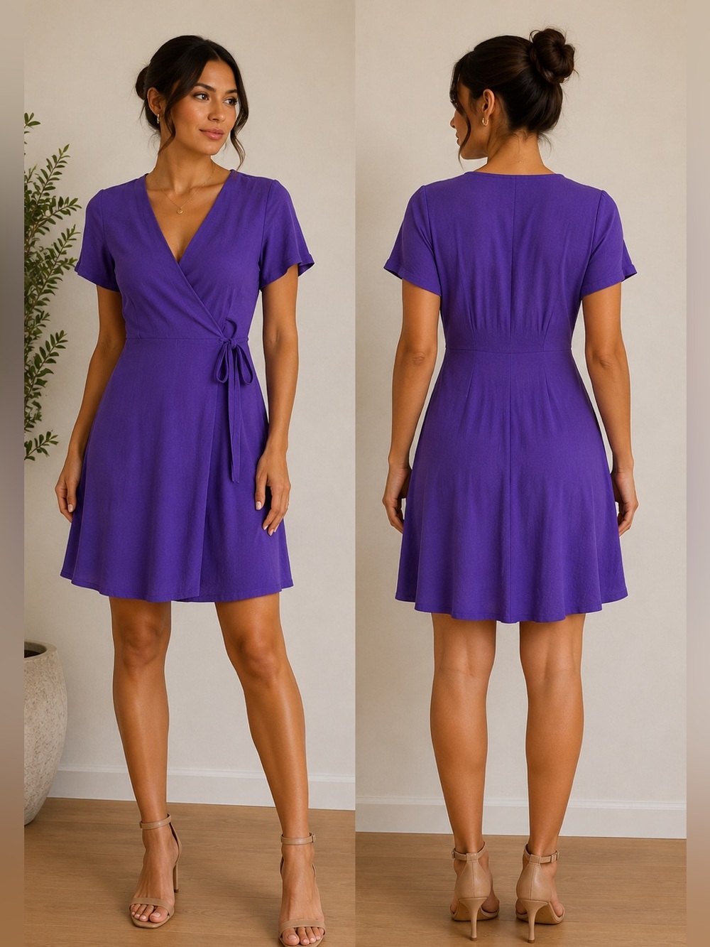 Monteau Vibrant Purple Faux Wrap Dress Size L Flowy Short Sleeve Midi
